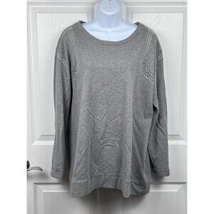 Two by Vince Camuto Gray Embellished Studded Shoulder Cewneck Sweater